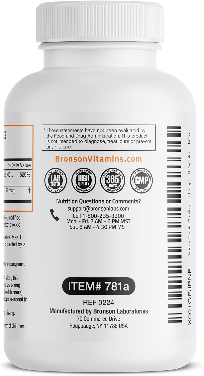 Bronson Vitamin K2 D3 (MK7) Supplement 2-in1 D3 & K2 Complex, 60 Capsules | Bone, Immune & Heart Health Support, Gluten Free, Soy Free, Non-GMO, Vitamin D3 5000IU (125 mcg) & 90 mcg K2 MK-7
