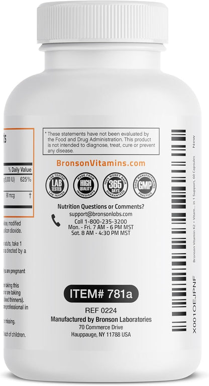 Bronson Vitamin K2 D3 (MK7) Supplement 2-in1 D3 & K2 Complex, 60 Capsules | Bone, Immune & Heart Health Support, Gluten Free, Soy Free, Non-GMO, Vitamin D3 5000IU (125 mcg) & 90 mcg K2 MK-7