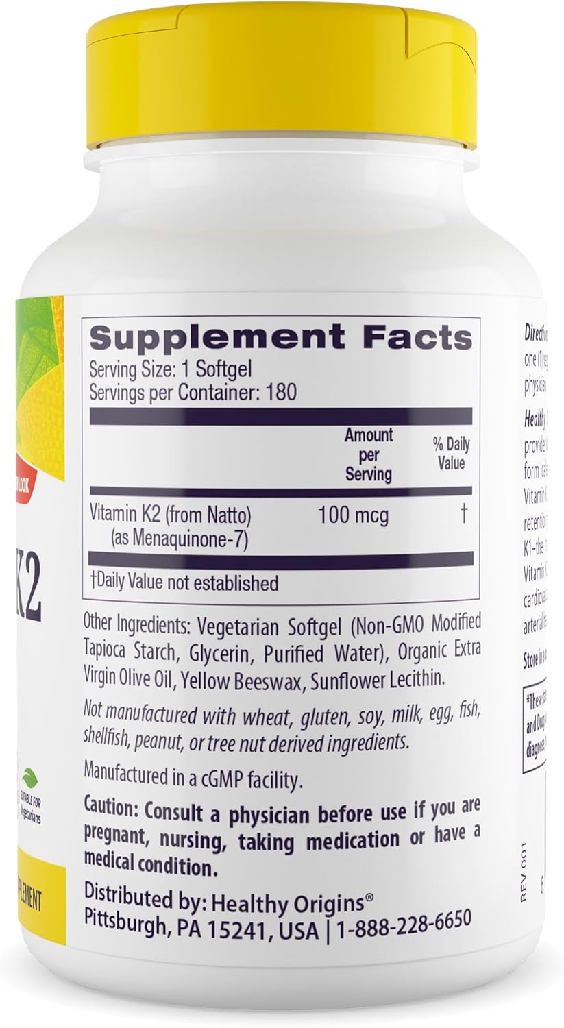 Healthy Origins Vitamin K2 100 mcg (MK-7, Non-GMO, Gluten Free, Cardiovascaular Support, Bone Support), 180 Veggie Gels