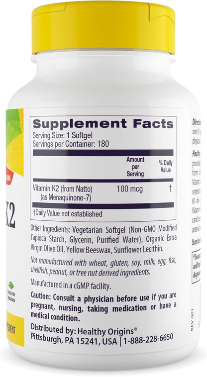 Healthy Origins Vitamin K2 100 mcg (MK-7, Non-GMO, Gluten Free, Cardiovascaular Support, Bone Support), 180 Veggie Gels