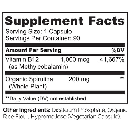 NATURELO Vegan B12 - Methyl B12 with Organic Spirulina - High Potency Vitamin B12 1000 mcg Methylcobalamin - Supports Healthy Mood, Energy, Heart & Eye Health - 90 Capsules