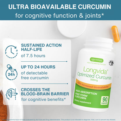 Igennus Longvida Curcumin 500mg – High Absorption ‘Free’ Curcumin, 65x Higher Plasma Levels, Sustained Release (7hr Half-Life), Brain & Cognitive Support, Vegan, 30 Capsules