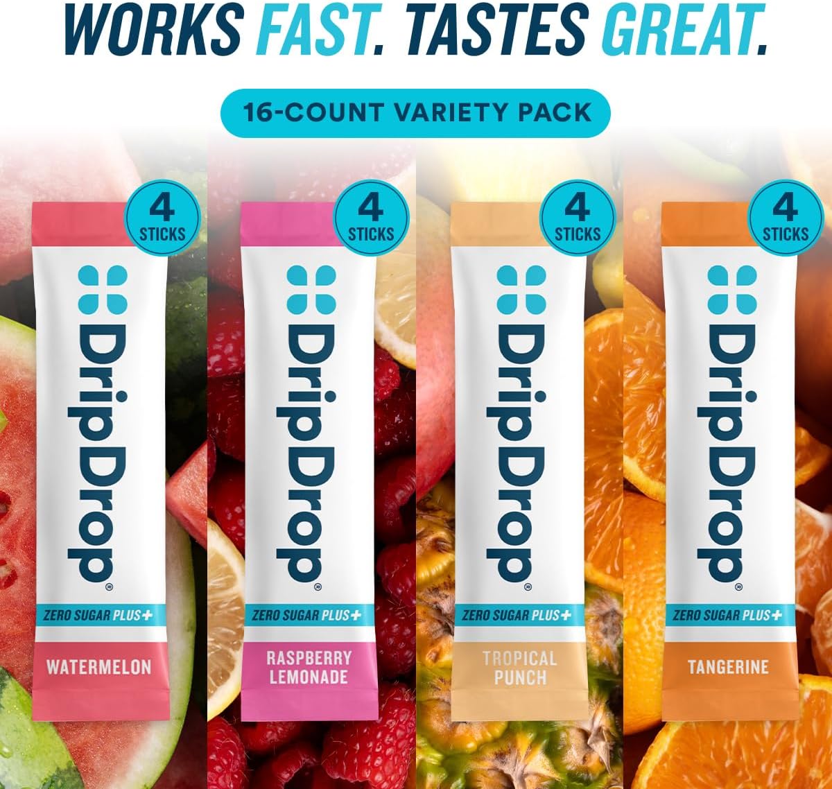 DripDrop Hydration Zero Sugar Plus Electrolyte Packets, Bundle, 32 Ct | Raspberry Lemonade, Watermelon, Tangerine, Tropical Punch, Strawberry Kiwi, Peach, Cherry Limeade, Wild Berry; Sugar Free