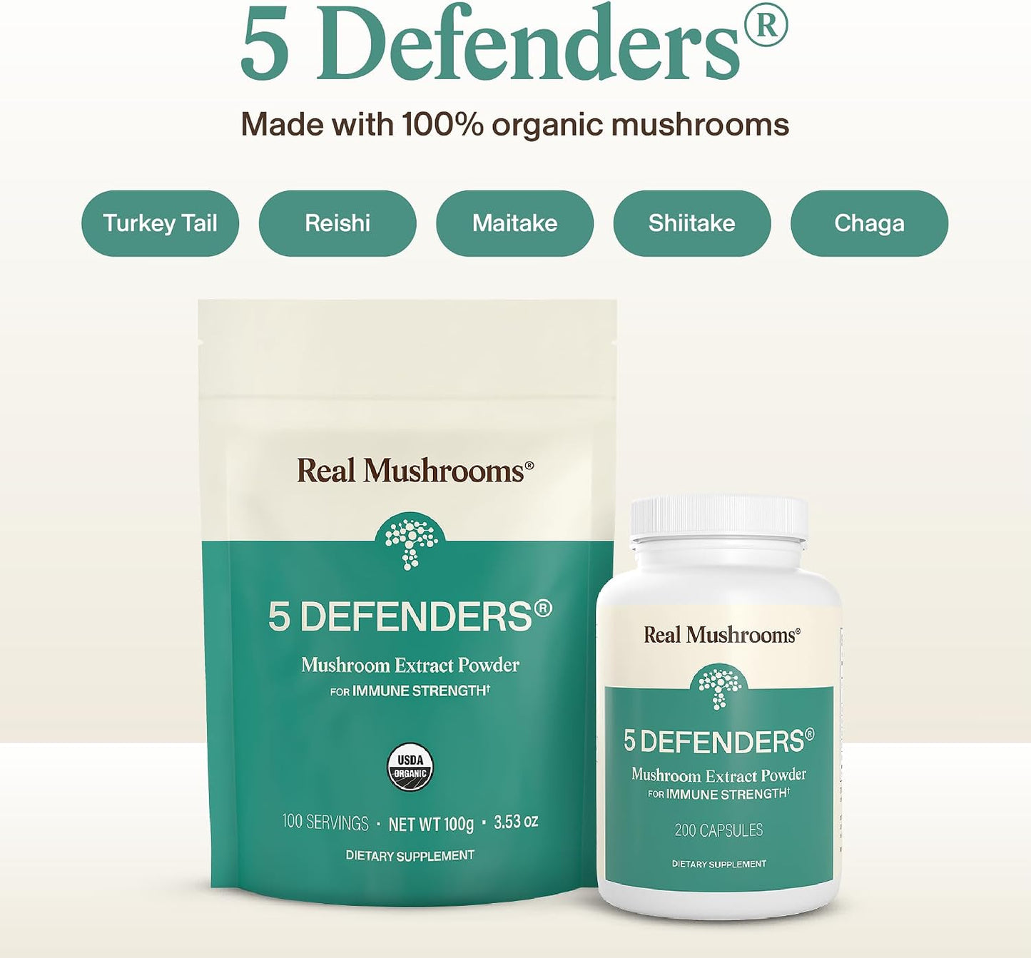 Real Mushrooms 5 Defenders Mushroom Complex Powder – Organic Mushrooms Extract from Chaga, Reishi, Turkey Tail, Maitake & Shiitake Mushroom Blend for Wellness Support with Beta Glucans - 100 Servings