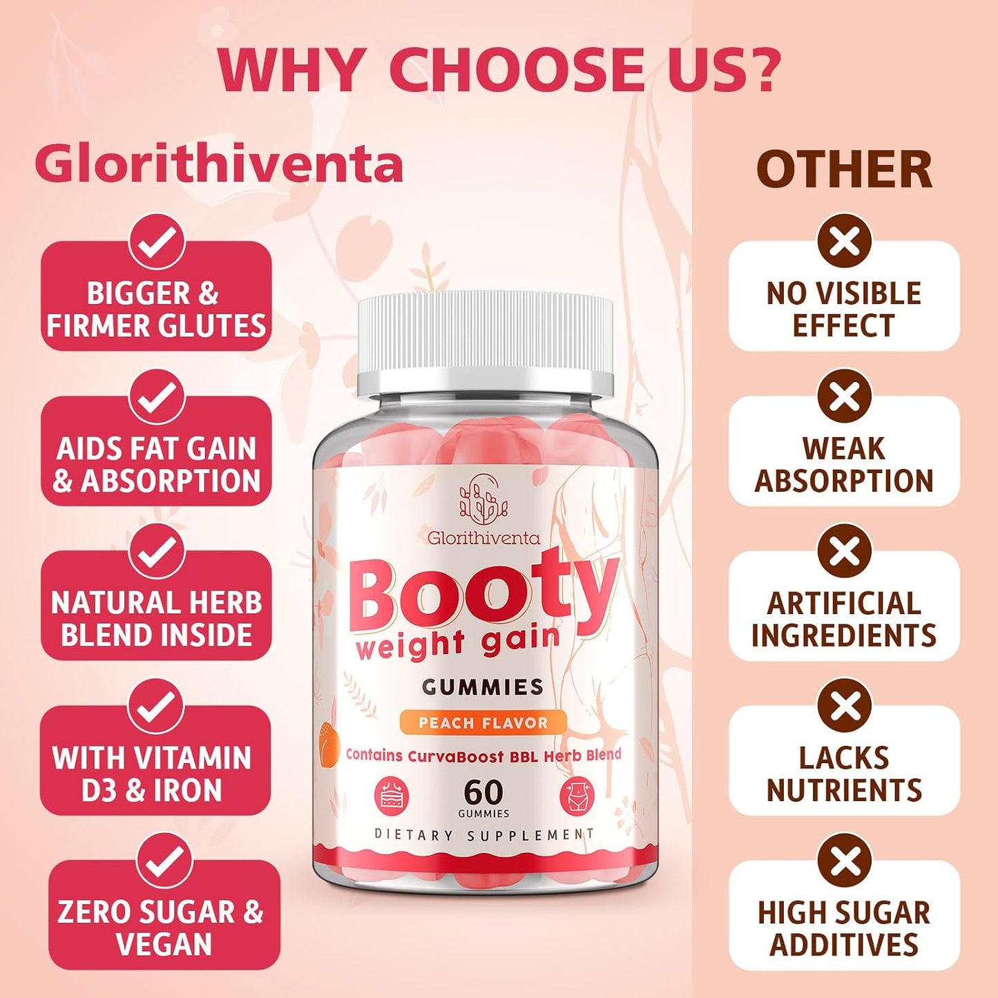Booty Gummies for Women, BBL Gummies Contains CurvaBoost BBL Herb Blend & Creatine Monohydrate for Booty, Curves & Energy, Zero Sugar, Vegan, Peach Flavor - 60 Counts