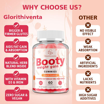 Booty Gummies for Women, BBL Gummies Contains CurvaBoost BBL Herb Blend & Creatine Monohydrate for Booty, Curves & Energy, Zero Sugar, Vegan, Peach Flavor - 60 Counts