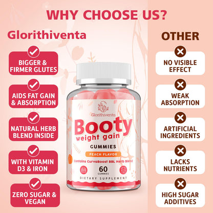Booty Gummies for Women, BBL Gummies Contains CurvaBoost BBL Herb Blend & Creatine Monohydrate for Booty, Curves & Energy, Zero Sugar, Vegan, Peach Flavor - 60 Counts