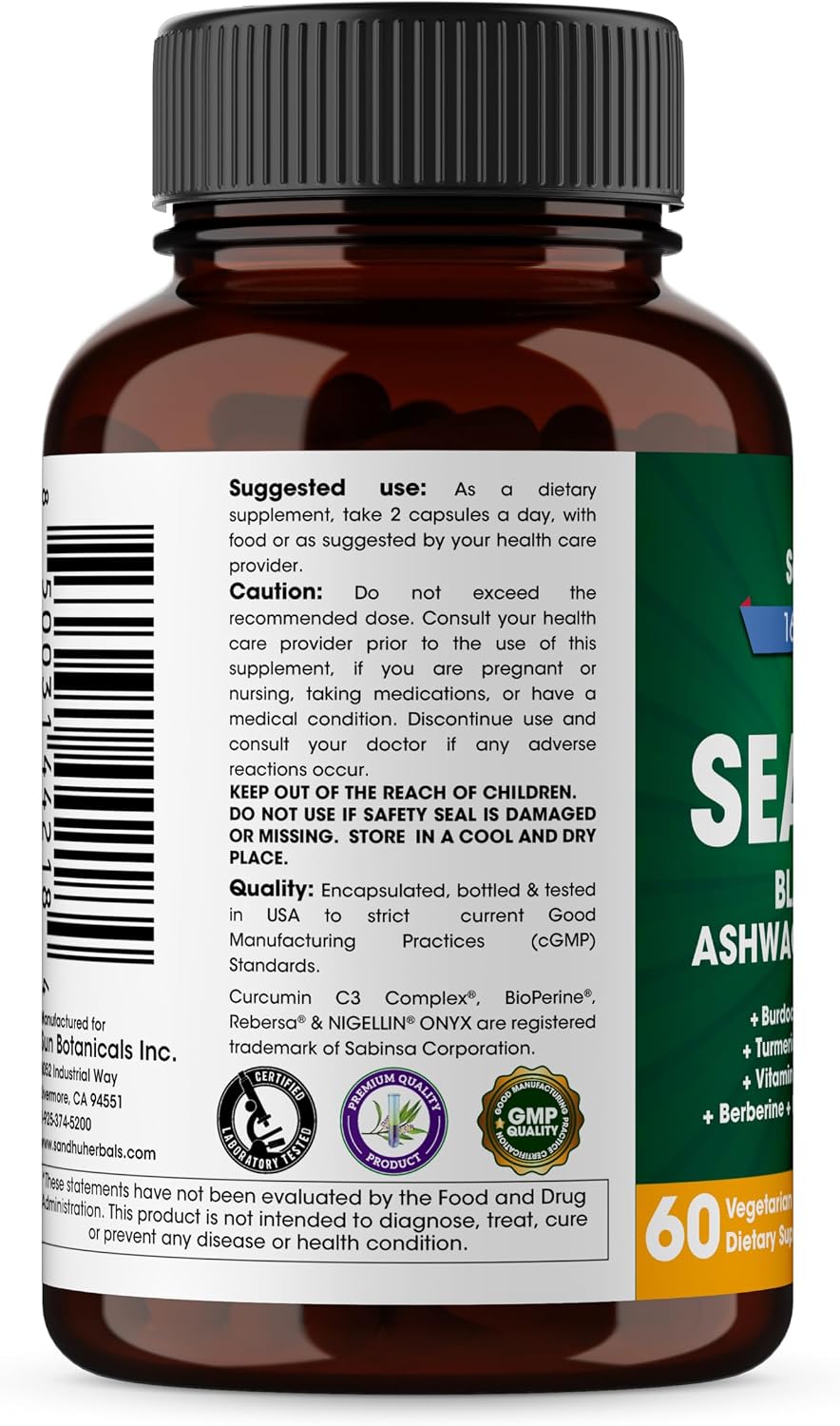 Sea Moss Black Seed Oil Ashwagandha Ginger Burdock Root, Turmeric,Black Pepper | 60 Capsules (Pack of 3)