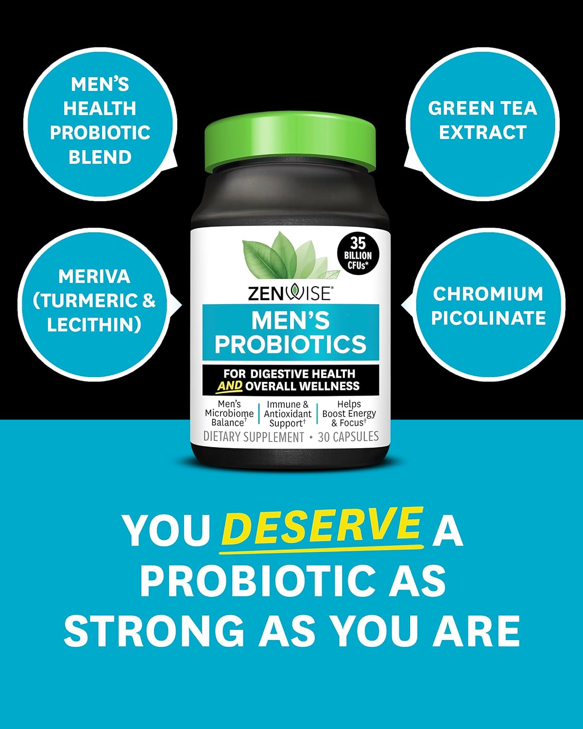 Zenwise Health Probiotics for Men - Gut and Digestive Support - 30 CT | 30 Count, 35 Billion CFU, Prebiotic, Green Tea, Meriva Curcumin, Chromium, Metabolism & Antioxidant Support, Mens Daily