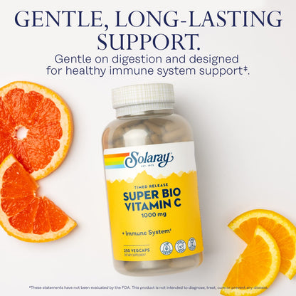 SOLARAY Super Bio Vitamin C 1000mg, Buffered, Two-Stage Timed Release with Bioflavonoids, Immune Support Supplement, High Absorption, Vegan, 60-Day Guarantee – 250 VegCaps