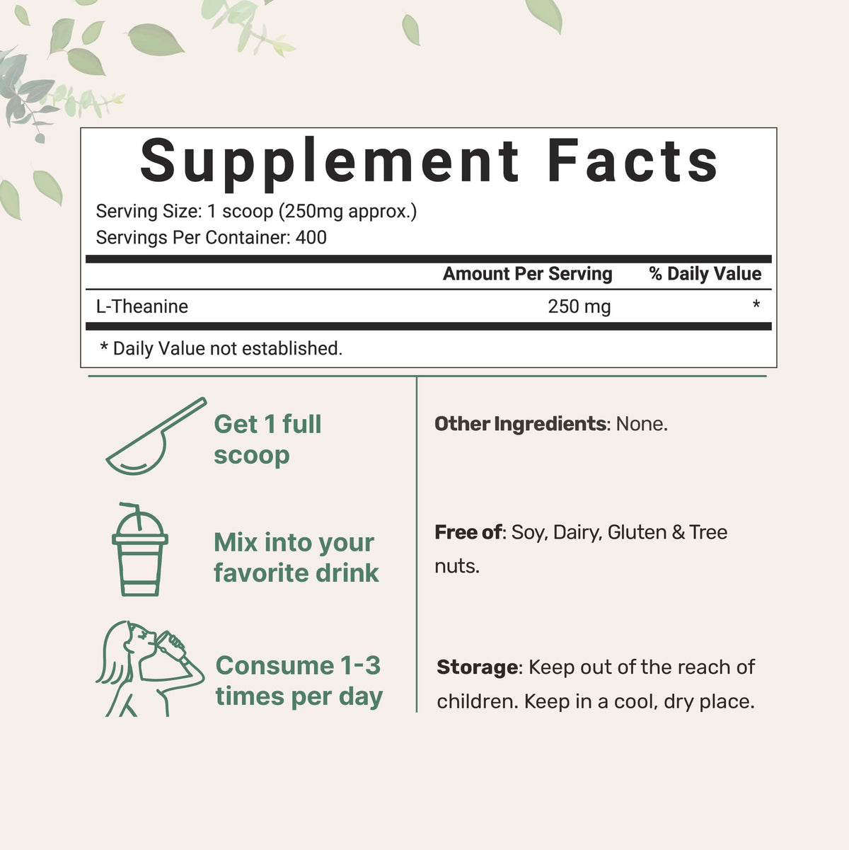 Pure L-Theanine Powder, 100 Grams (1 Year Supply), Filler Free, No GMOs and Vegan