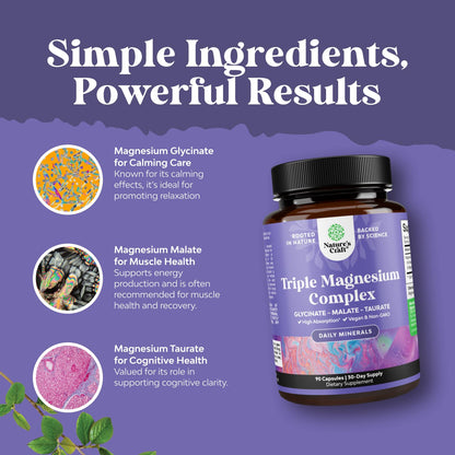 Triple Magnesium Complex Supplement - High Absorption Magnesium Glycinate, Malate & Taurate Blend for Muscles Energy Support & Heart Health - Triple Mg Complex 400 mg Capsules - 180 Count