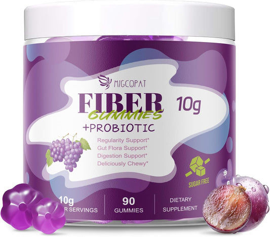 Migcopat 10G Fiber Gummies for Adults, No Sugar Added Grape Flavor, Fiber Supplement with 30 Billion CFU Probiotics Blend, ACV, Vitamin C, Inulin, Support Digestive Health, 90 Count