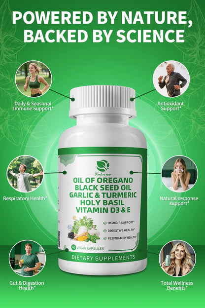 Oil of Oregano Capsules with Black Seed Oil, Garlic, Turmeric, Holy Basil | High Absorption – Immune, Digestive & Respiratory – 60 Caps, 2 Month Supply