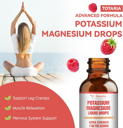 Potassium Magnesium Supplement Liquid Drops - High Absorption Potassium Supplement with Magnesium, Calcium, Vitamin D3 K2, Vegan, Non-GMO Potasio Support Leg Cramps, Bone, Muscle - 2 Fl oz