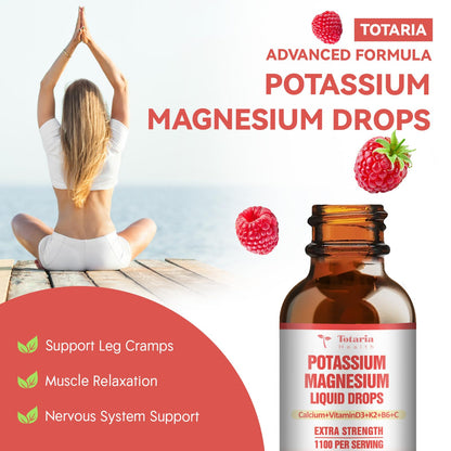 Potassium Magnesium Supplement Liquid Drops - High Absorption Potassium Supplement with Magnesium, Calcium, Vitamin D3 K2, Vegan, Non-GMO Potasio Support Leg Cramps, Bone, Muscle - 2 Fl oz