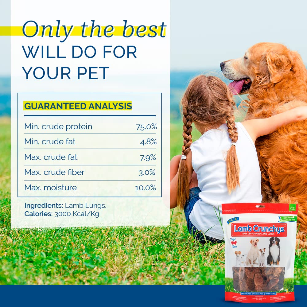 PCI Pet Center Inc Lamb Crunchys raw dehydrated Lamb Dog Treats, 16 oz Pack | Made in USA dog treats from single-ingredient lamb lung, for dogs of all ages - can be used for training or daily treats