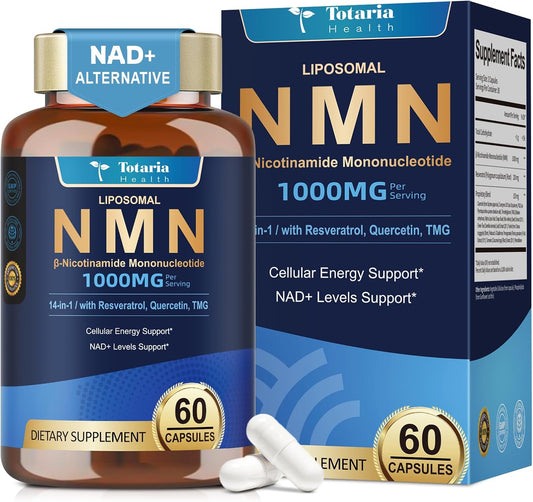Totaria Liposomal NMN Supplement 1000mg, 14-in-1 NMN Resveratrol Complex with CoQ10, TMG, Quercetin, ALA, PQQ, Support NAD Levels, Cellular Energy & Healthy Aging, 60 Capsules, cGMP, Filler Free