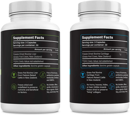 Beef Liver & Beef Cartilage Supplement Bundle, Grass Fed Freeze-Dried Organ Capsules with Heme Iron, Vitamin A, B12, Type II Collagen, Glucosamine, Chondroitin & Joint Support, 2 x 90 Count