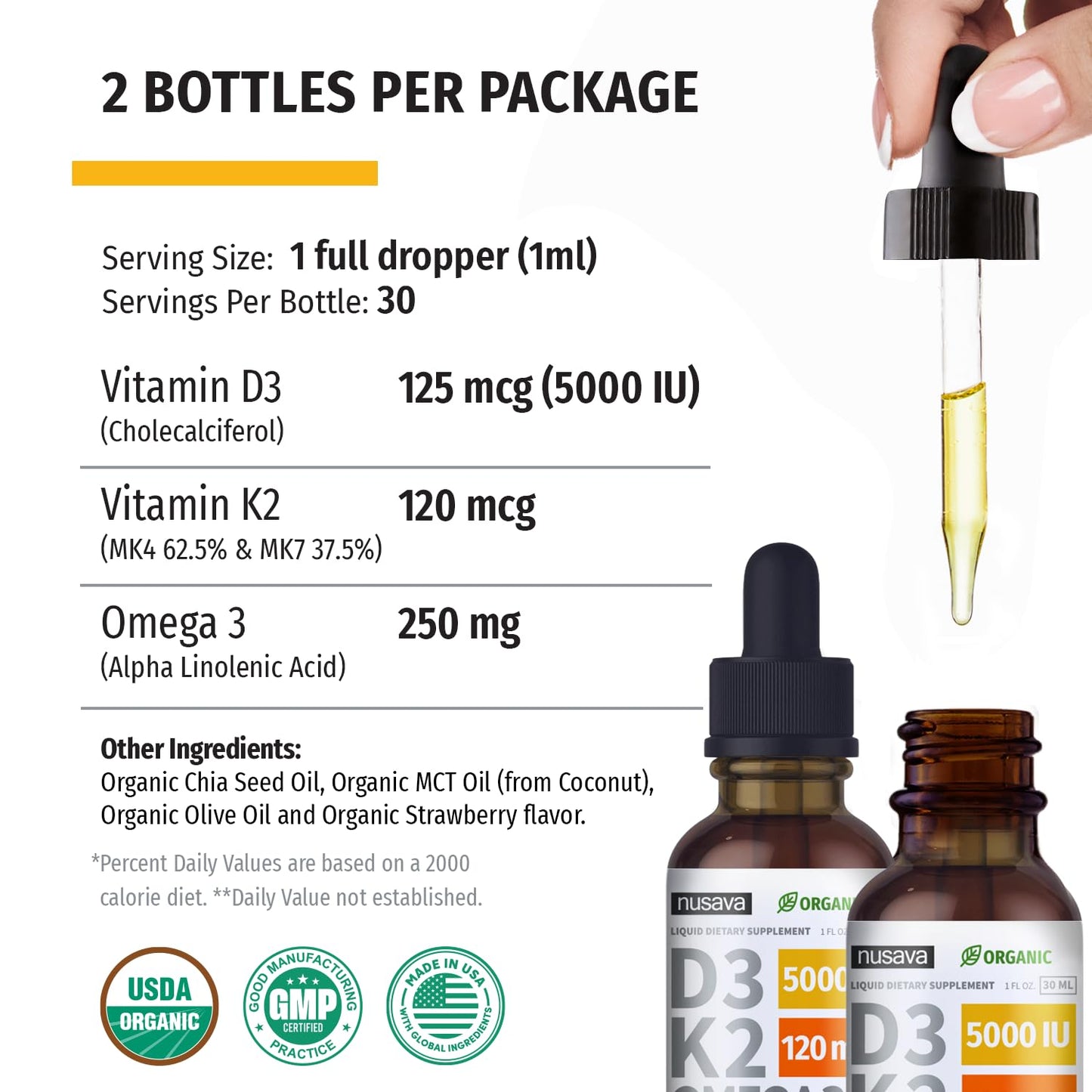 (2 Pack) Organic Vitamin D3 K2 Drops with MCT Oil & Omega 3 - Liquid Vitamin D3 5000 IU - K2 D3 Vitamin Supplement - Vitamin D Drops for Women & Men - No Fillers, Non-GMO, GMP, Unflavored (2 Fl Oz)