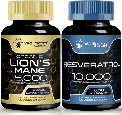 WELLNESS LABSRX Resveratrol Capsules 10000 - Lions Mane Supplement Capsules | Bundle