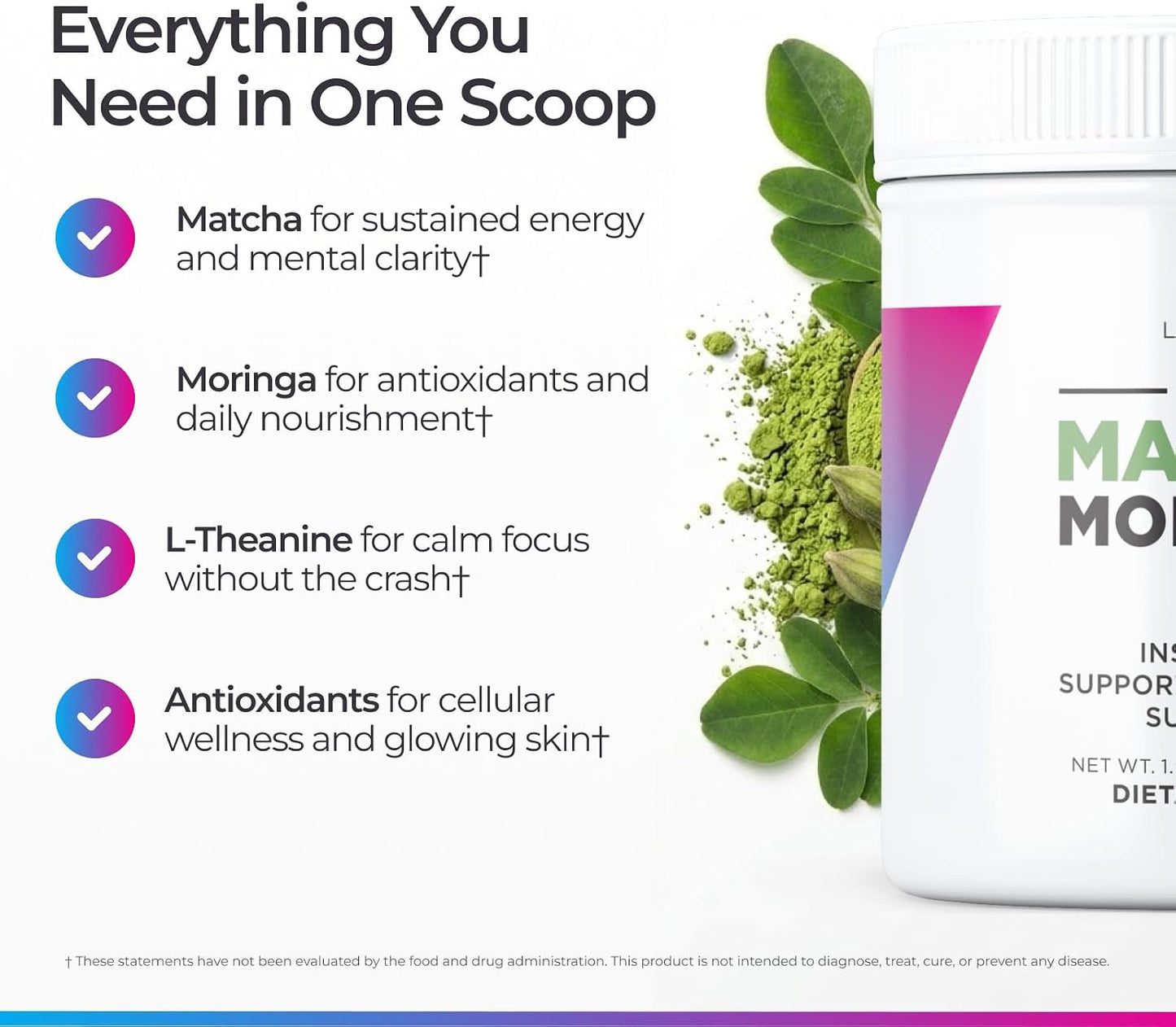 Livingood Daily Matcha + Moringa Powder, 30 Servings - 2in1 Matcha Powder and Moringa Supplement for Radiant Skin - Instant Green Tea with L Theanine - Vegan, Gluten Free, Non GMO - Made in USA