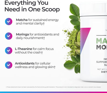 Livingood Daily Matcha + Moringa Powder, 30 Servings - 2in1 Matcha Powder and Moringa Supplement for Radiant Skin - Instant Green Tea with L Theanine - Vegan, Gluten Free, Non GMO - Made in USA