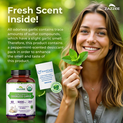 Zazzee USDA Organic Odorless Garlic 20:1 Extract, 1% Allicin, 100 Vegan Capsules, 3+ Month Supply, Allium Sativum, Immune, Circulation & Heart Health Support, All-Natural, Non-GMO, Made in the USA