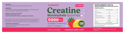Creatine for Women, Creatine Monohydrate Gummies with Collagen, Vitamin D3 & Calcium for Muscle Support & Energy, Flavored Sugar Free Creatine Gummies Post & Pre Workout Supplements for Women, 120 Ct
