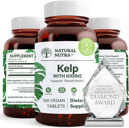 Natural Nutra Kelp Iodine with Potassium Iodide 225 mcg, 100 Tablets | Thyroid Support Supplement with Vegan Sea Kelp, Immune Strength & Metabolism Balance Formula for Daily Wellness Support