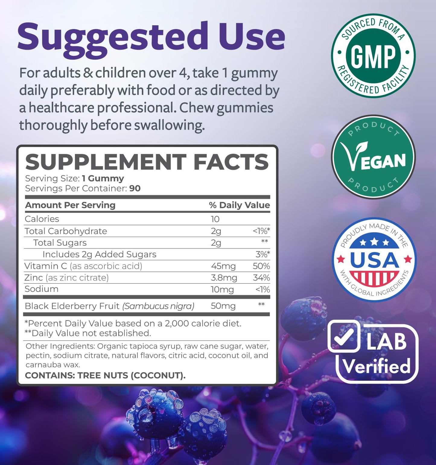 Vegan Sambucus Elderberry Gummies for Adults - Black Elderberry Vitamin C and Zinc Gummies for Daily and Seasonal Wellness - Delicious and Nutritious Immune Support Gummy (1 Month Supply)