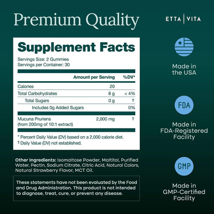 Dopamine Supplement - Sugar-Free Mucuna Pruriens Gummies (2g/serving) Energy & Focus Gummies - Potent Mucuna Pruriens Extract Supplement for Calm Mood and Motivation, Vegan, Non-GMO, Gluten-Free, 60ct