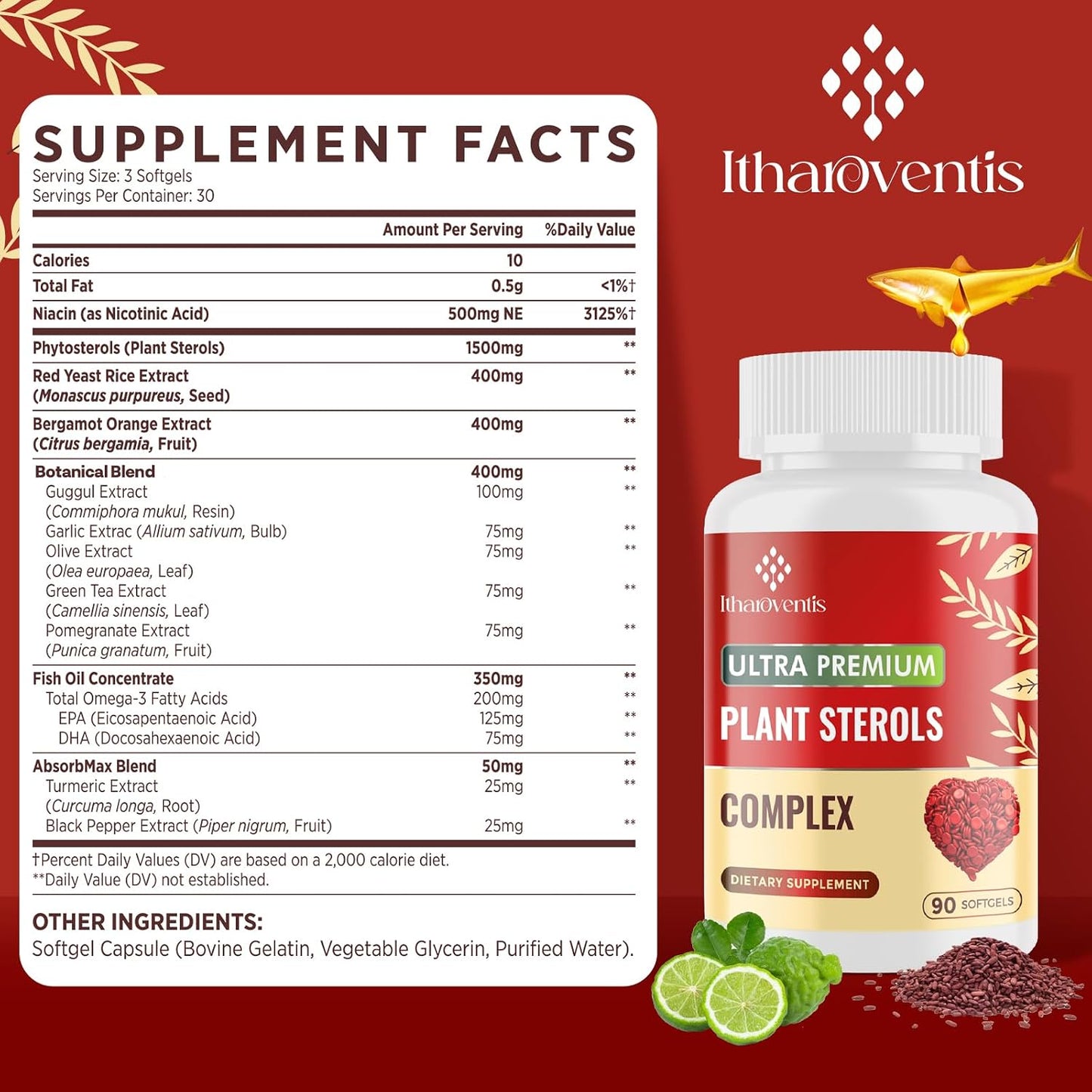 Itharoventis Plant Sterols Supplement with Red Yeast Rice | Advanced Formula with Omega-3, Bergamot & Garlic, 90 Softgels
