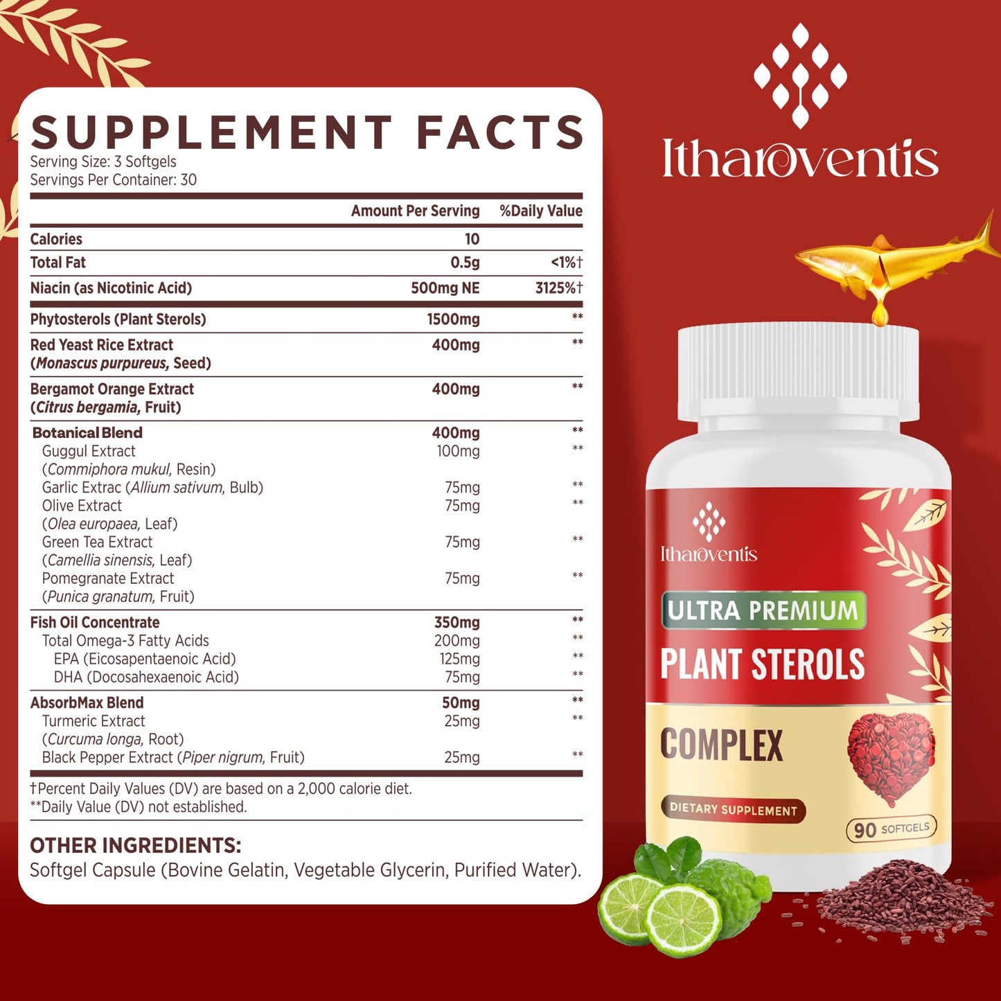 Itharoventis Plant Sterols Supplement with Red Yeast Rice | Advanced Formula with Omega-3, Bergamot & Garlic, 90 Softgels