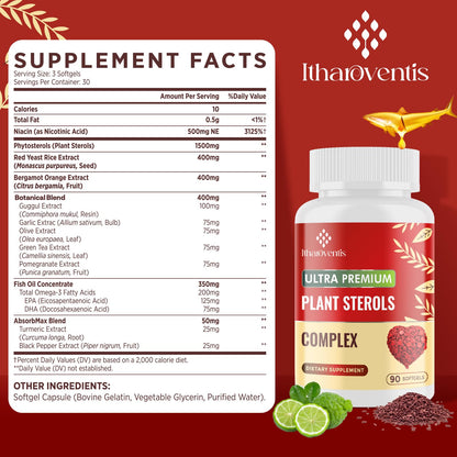 Itharoventis Plant Sterols Supplement with Red Yeast Rice | Advanced Formula with Omega-3, Bergamot & Garlic, 90 Softgels
