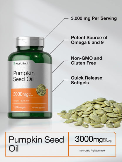 Horbäach Pumpkin Seed Oil 3000mg | 120 Softgel Capsules | Essential Fatty Acids with Omega 6 and 9 | Cold Pressed Dietary Supplement | Non-GMO and Gluten Free Formula