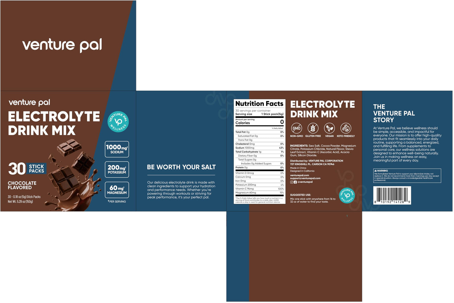 Venture Pal High Sodium Sugar-Free Electrolytes Powder Packets, 16 Sticks | Hydration Packets with Sodium, Potassium & Magnesium, Zero Calories, Keto, Vegan, and Paleo Friendly