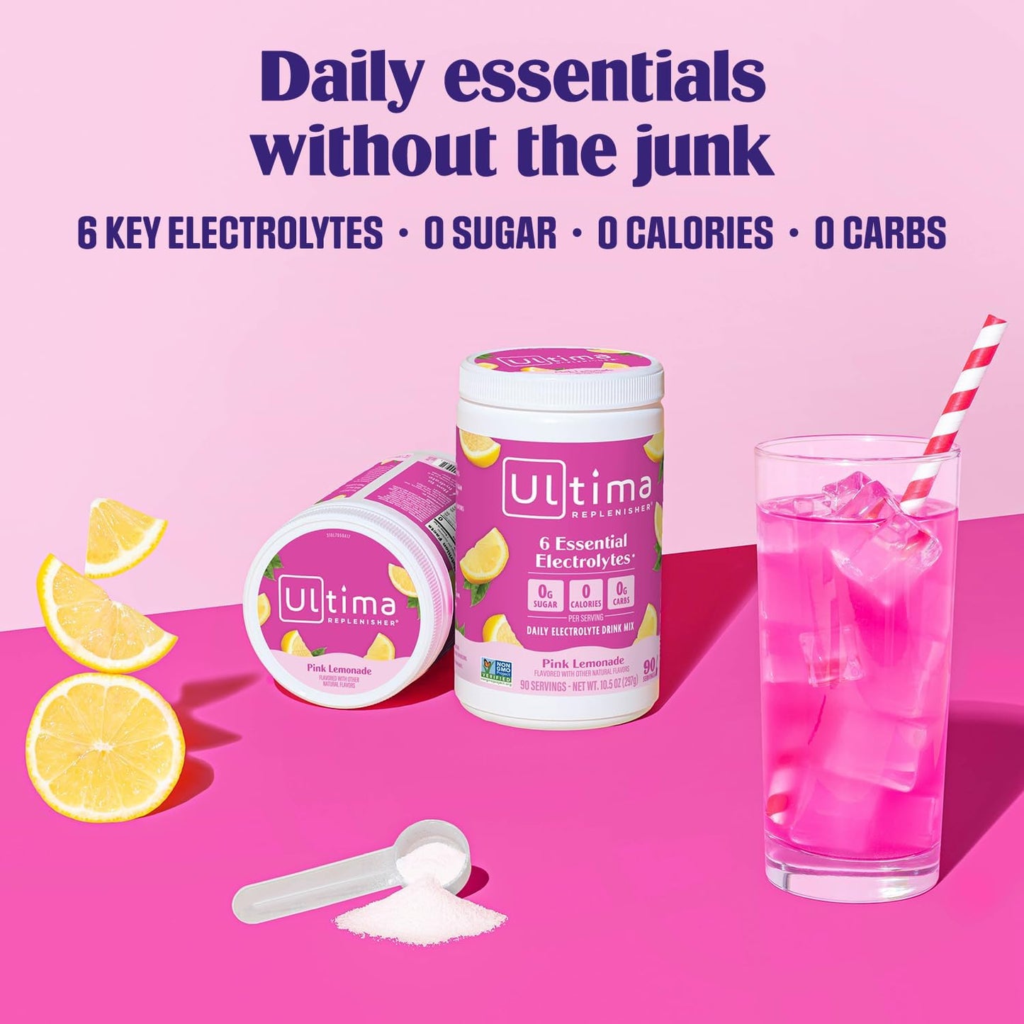 Ultima Replenisher Electrolyte Powder Drink Mix Bundle – Sugar Free – Pink Lemonade, 90 Serving Canister and 20 Stickpacks – 6 Electrolytes and Minerals – Keto Friendly, Vegan, Non-GMO