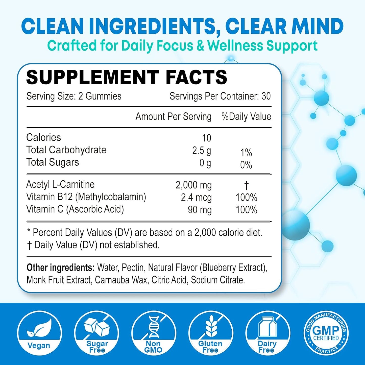 2 Pack Sugar Free Acetyl L-Carnitine Gummies, L-Carnitine Supplement for Women & Men, with Vitamin C & B12, ALCAR for Energy, Brain & Heart Health Support, Vegan, Non-GMO, 120 Count