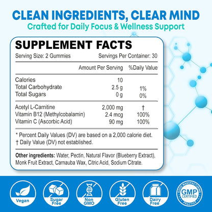 2 Pack Sugar Free Acetyl L-Carnitine Gummies, L-Carnitine Supplement for Women & Men, with Vitamin C & B12, ALCAR for Energy, Brain & Heart Health Support, Vegan, Non-GMO, 120 Count