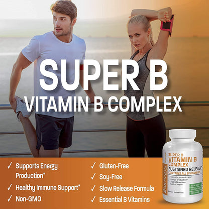 Bronson Super B Vitamin B Complex Sustained Release for Energy, 60 Tablets | B1, B2, B3, B6, Folic Acid, B12, Biotin & Pantothenic Acid, One-Tablet Formula, Non-GMO, Gluten-Free & Soy-Free