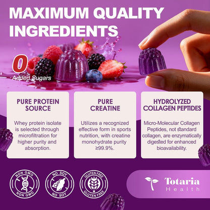 3 in 1 Whey Protein Gummies | Creatine Monohydrate | Collagen, 0 Sugar, Pure Protein Source, Muscle & Energy Support, Berry Flavor, for Women and Men