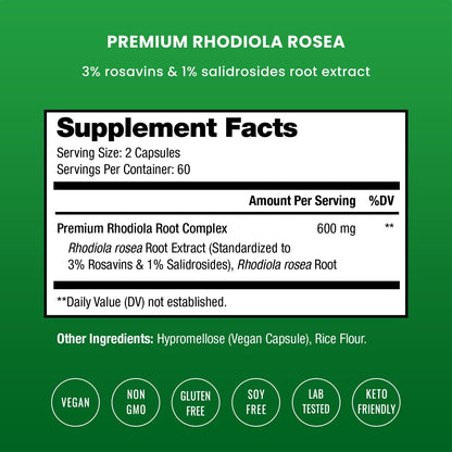 Rhodiola Rosea Supplement 600mg | 120 Vegan Capsules | Rhodiola Rosea Extract for Energy, Stress Relief, Mood and Focus | Adaptogenic Root with Rosavin & Salidrosides | 300mg Pills by NutraChamps