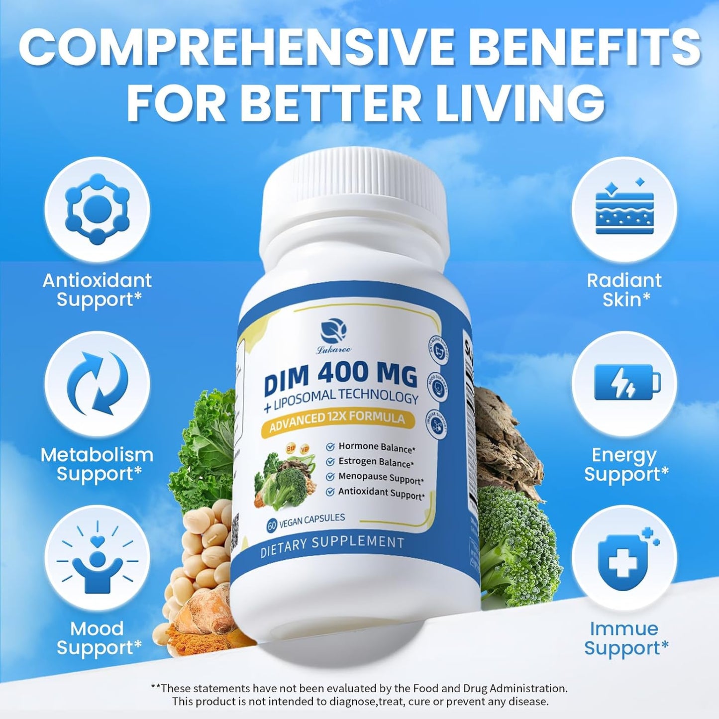Lukaree DIM Supplement 400MG for Women with Soy Isoflavones, Vegan, 60 Ct. | 12 in 1 Liposomal Dim Capsules, with Black Cohosh & Alpha Lipoic Acid
