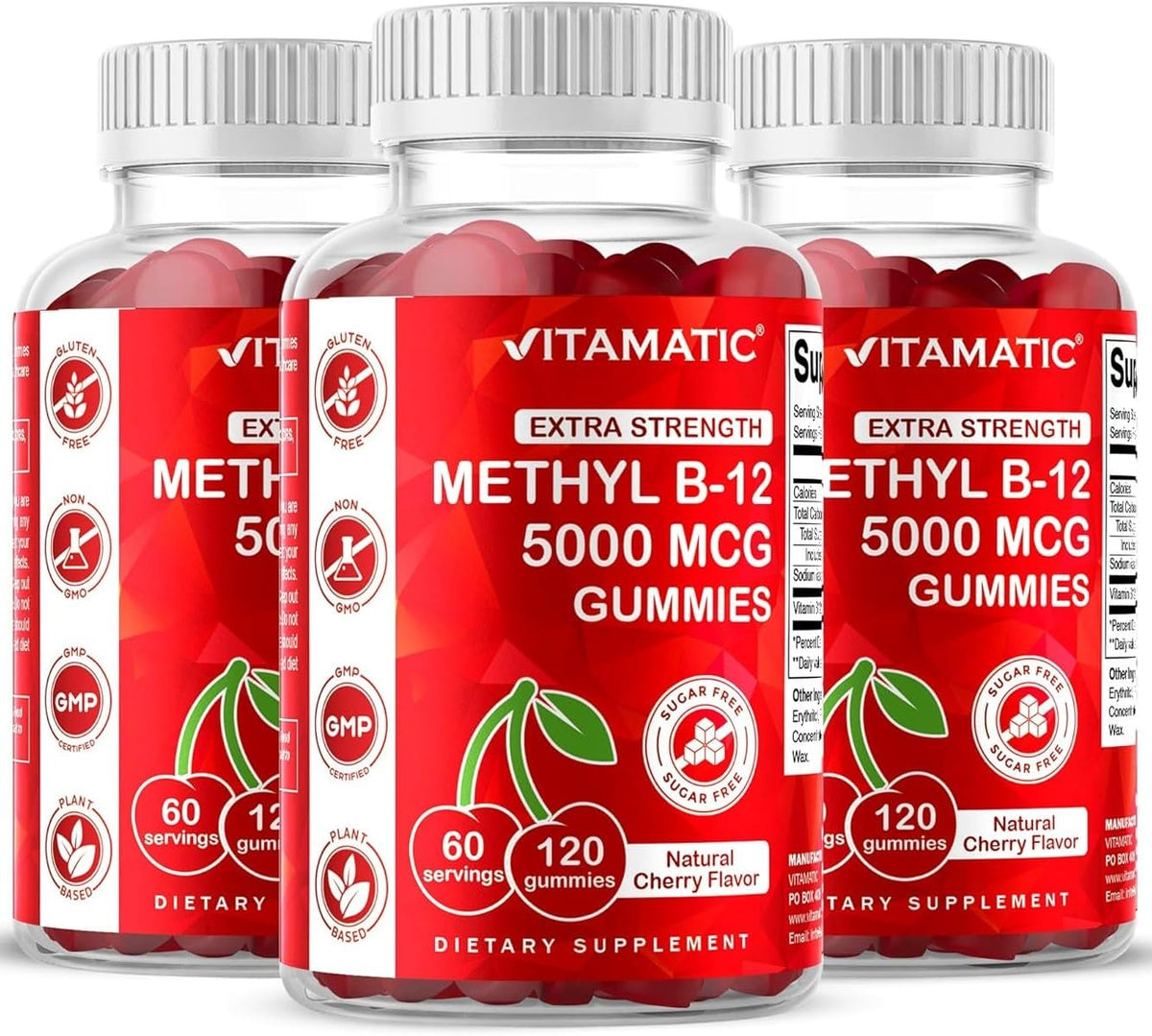 Vitamatic Methyl B12 5000 mcg, 120 Gummies, Natural Cherry Flavor | Extra Strength, Energy Metabolism Support and Nervous System Health Support*, Non-GMO, Gluten Free