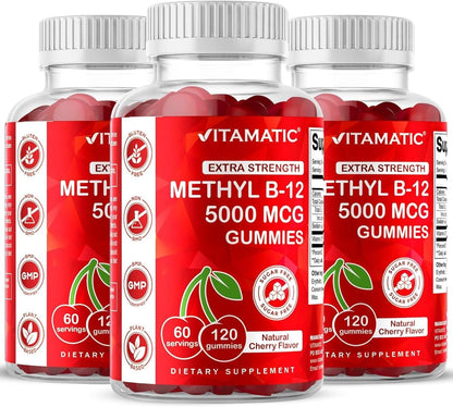 Vitamatic Methyl B12 5000 mcg, 120 Gummies, Natural Cherry Flavor | Extra Strength, Energy Metabolism Support and Nervous System Health Support*, Non-GMO, Gluten Free
