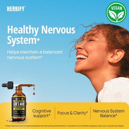 HERBIFY Lions Mane Supplement - Daily Mushroom Supplement for Memory, Focus & Clarity - Brain Booster - Lions Mane Tincture for Immune Support - 4 Fl oz