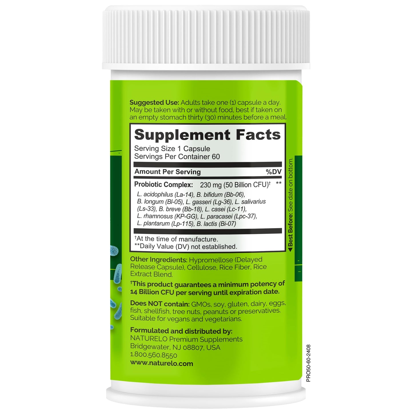 NATURELO Probiotics for Digestive Health, 50 Billion CFU, 60 Vegetarian Capsules, 11 Strains, Daily Use Supplement, Delayed Release, No-Fridge, Boosts Immune System, Probiotics for Women & Men