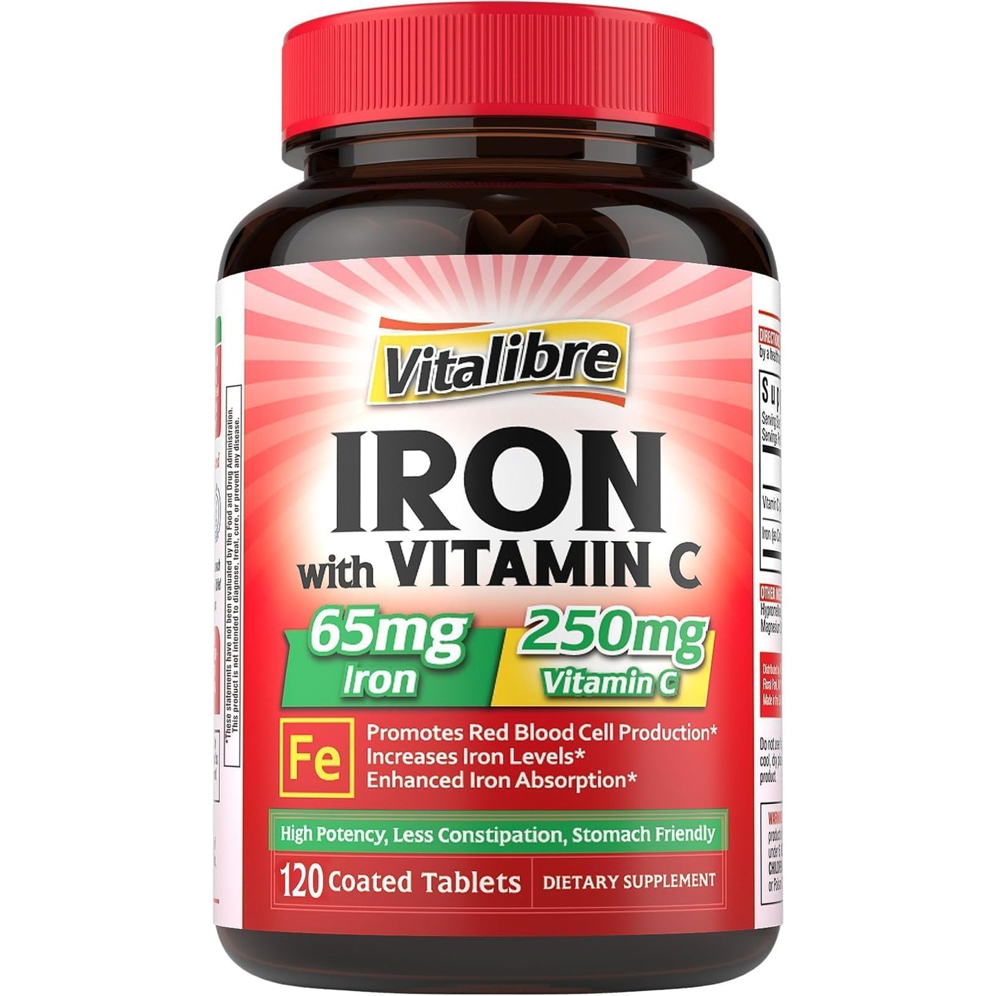 Iron Supplement, 65mg Carbonyl Iron with 250mg Vitamin C, Stomach Friendly | Iron Pills for Blood Building Women & Men, High Absorption, No Nausea, No Constipation, Non-GMO, No Gluten, 60 Vegan Tabs