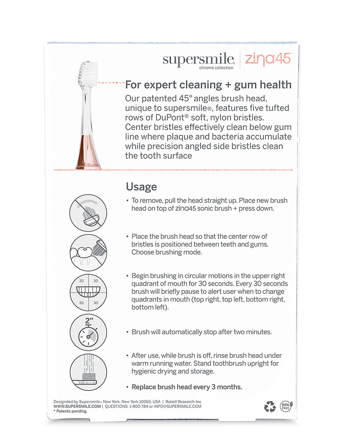 Supersmile Zina45 Replacement Brush Heads, Silver, 2-Pack